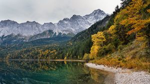 Preview wallpaper coast, lake, mountains, forest, landscape, autumn