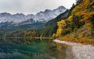 Preview wallpaper coast, lake, mountains, forest, landscape, autumn