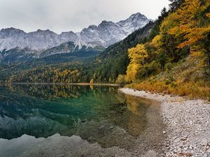 Preview wallpaper coast, lake, mountains, forest, landscape, autumn