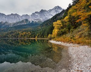 Preview wallpaper coast, lake, mountains, forest, landscape, autumn