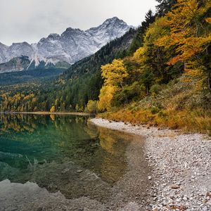 Preview wallpaper coast, lake, mountains, forest, landscape, autumn