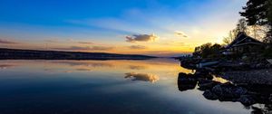Preview wallpaper coast, lake, reflection, clouds, twilight
