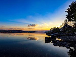 Preview wallpaper coast, lake, reflection, clouds, twilight
