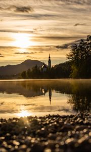 Preview wallpaper coast, lake, reflection, towers, twilight