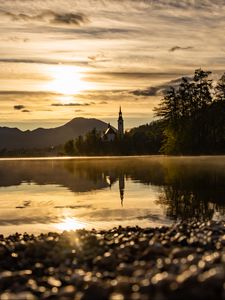 Preview wallpaper coast, lake, reflection, towers, twilight