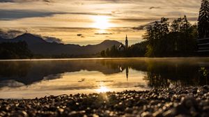 Preview wallpaper coast, lake, reflection, towers, twilight