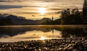Preview wallpaper coast, lake, reflection, towers, twilight