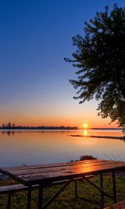 Preview wallpaper coast, lake, tree, table, benches, evening, decline, romanticism