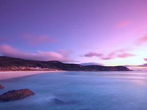 Preview wallpaper coast, land, sea, sky, pink, blue, silence, landscape