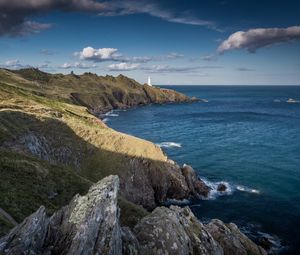 Preview wallpaper coast, lighthouse, rocks, sea