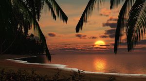 Preview wallpaper coast, morning, sun, dawn, moon, sky, beach, palm trees