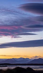 Preview wallpaper coast, mountains, lake, twilight, landscape