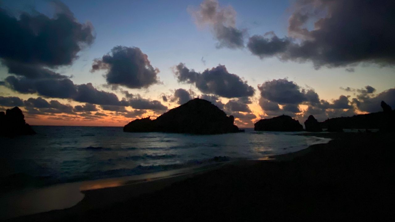 Wallpaper coast, mountains, sunset, sky, clouds