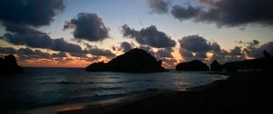 Preview wallpaper coast, mountains, sunset, sky, clouds