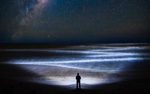 Preview wallpaper coast, night, silhouette, starry sky, ocean