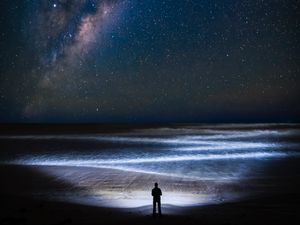 Preview wallpaper coast, night, silhouette, starry sky, ocean
