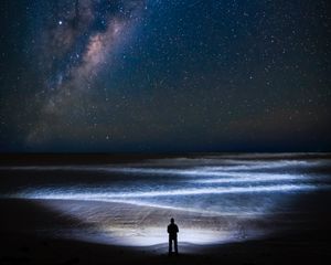 Preview wallpaper coast, night, silhouette, starry sky, ocean