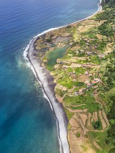 Preview wallpaper coast, ocean, houses, aerial view, forest, road