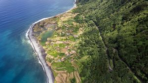 Preview wallpaper coast, ocean, houses, aerial view, forest, road