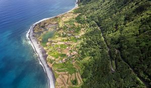 Preview wallpaper coast, ocean, houses, aerial view, forest, road