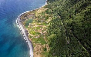 Preview wallpaper coast, ocean, houses, aerial view, forest, road