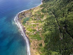 Preview wallpaper coast, ocean, houses, aerial view, forest, road