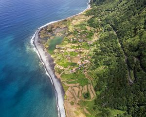 Preview wallpaper coast, ocean, houses, aerial view, forest, road
