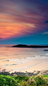 Preview wallpaper coast, ocean, waves, sand, beach, vegetation, sky, evening, bay, colors, tranquillity