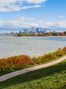 Preview wallpaper coast, path, water, city, landscape