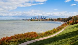 Preview wallpaper coast, path, water, city, landscape