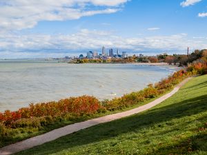 Preview wallpaper coast, path, water, city, landscape