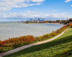 Preview wallpaper coast, path, water, city, landscape