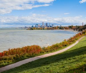 Preview wallpaper coast, path, water, city, landscape