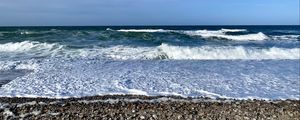 Preview wallpaper coast, pebbles, sea, waves, foam, nature