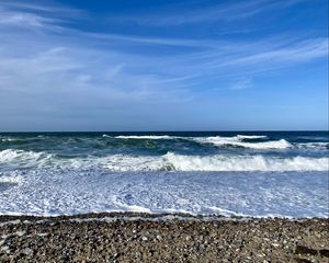 Preview wallpaper coast, pebbles, sea, waves, foam, nature