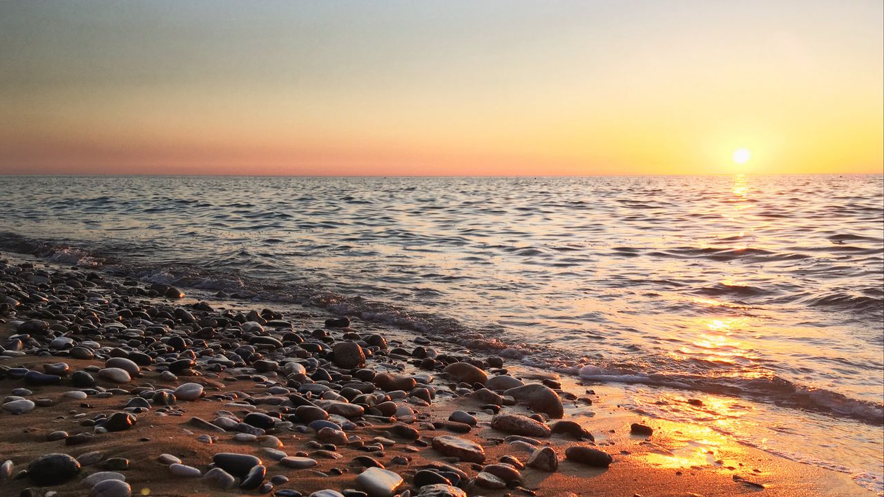 Wallpaper coast, pebbles, stones, sea, nature, sunset