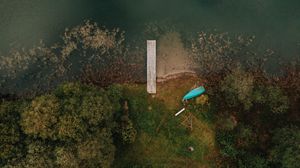 Preview wallpaper coast, pier, aerial view, trees