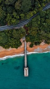 Preview wallpaper coast, pier, aerial view, bungalow, trees