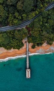 Preview wallpaper coast, pier, aerial view, bungalow, trees