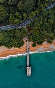 Preview wallpaper coast, pier, aerial view, bungalow, trees