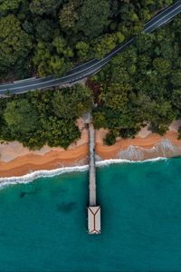 Preview wallpaper coast, pier, aerial view, bungalow, trees