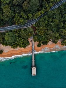 Preview wallpaper coast, pier, aerial view, bungalow, trees