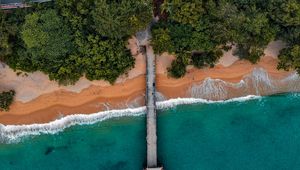 Preview wallpaper coast, pier, aerial view, bungalow, trees