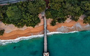 Preview wallpaper coast, pier, aerial view, bungalow, trees