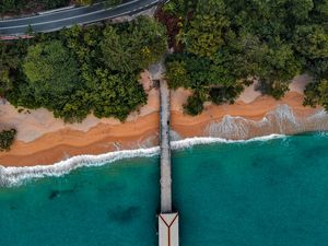 Preview wallpaper coast, pier, aerial view, bungalow, trees