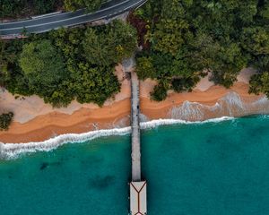 Preview wallpaper coast, pier, aerial view, bungalow, trees