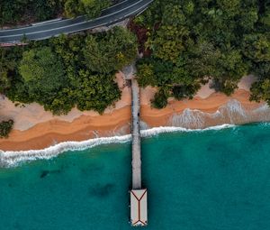 Preview wallpaper coast, pier, aerial view, bungalow, trees