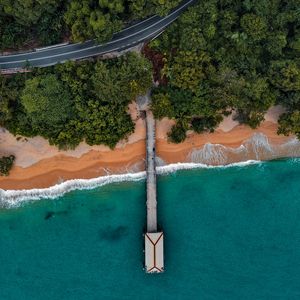 Preview wallpaper coast, pier, aerial view, bungalow, trees