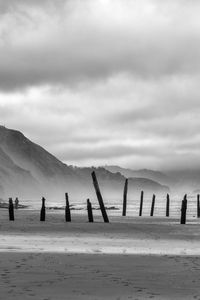 Preview wallpaper coast, pilings, sea, mountains, black and white