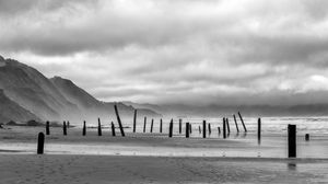Preview wallpaper coast, pilings, sea, mountains, black and white